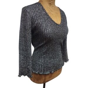 Vintage 90s PER SEPTION Ribbed Knit Sweater Size M Black Silver Metallic Stretch